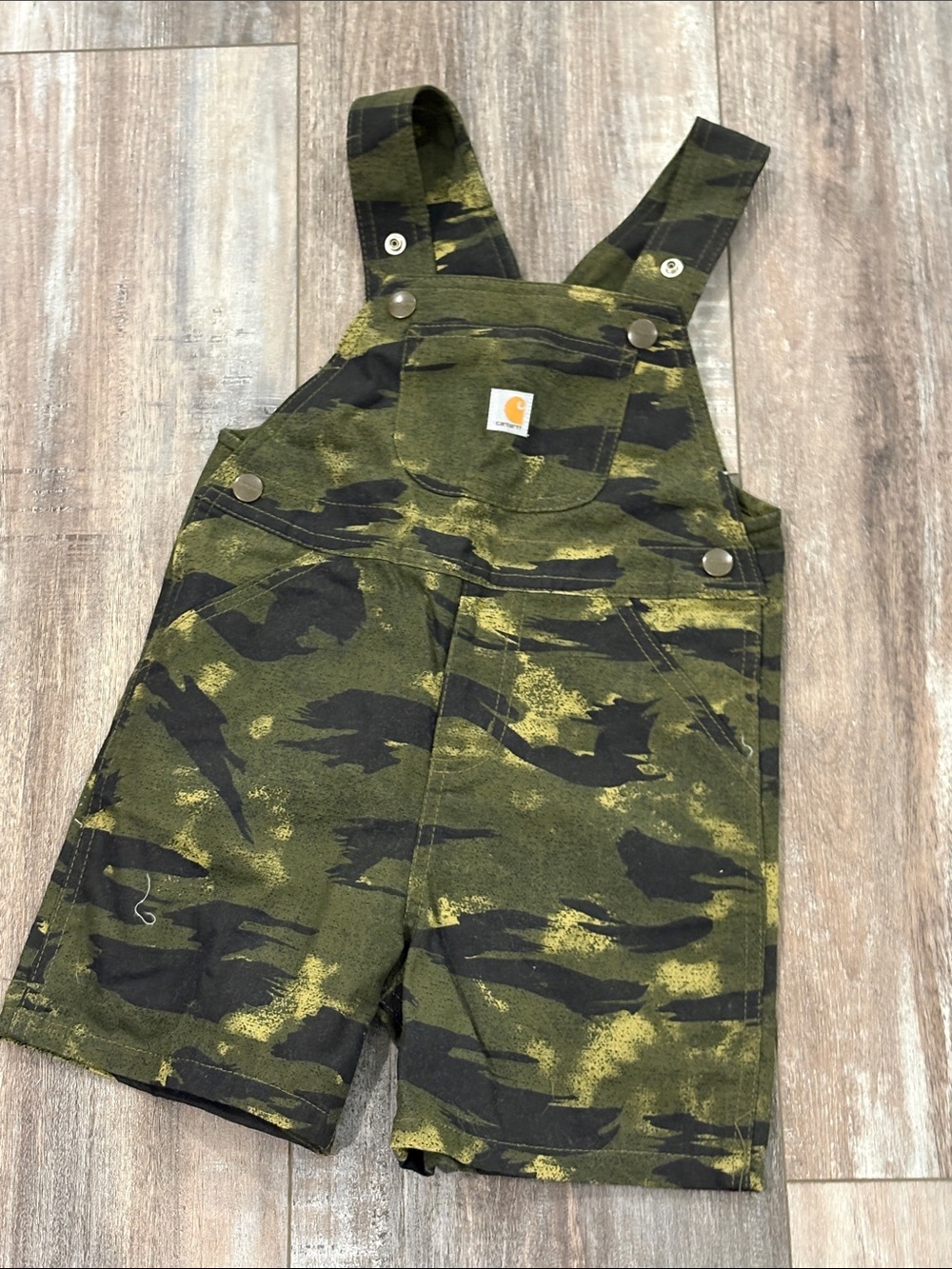 Carhartt Kids 4T Green Black Camo Overalls Shortalls Bibs Adjustable Snap Straps